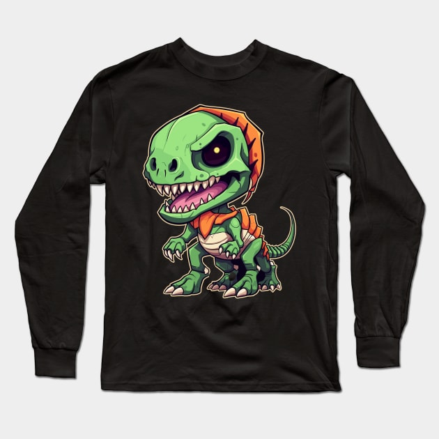 Green Scary Chibi T-Rex Isometric Dinosaur Monster Long Sleeve T-Shirt by DanielLiamGill